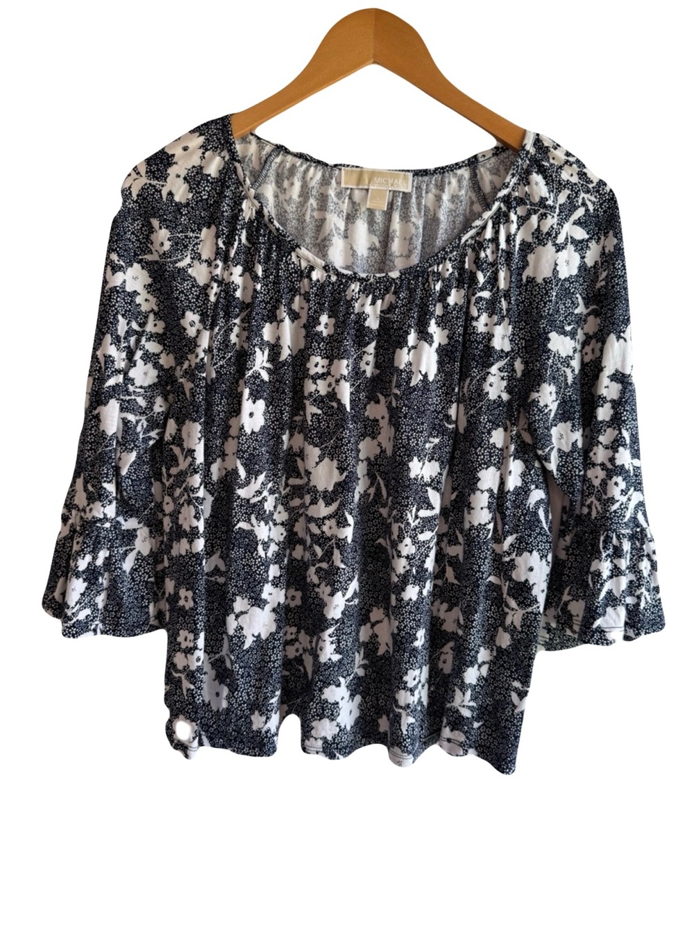 Michael Kors Navy Blue & White Floral Bell Sleeve Blouse L